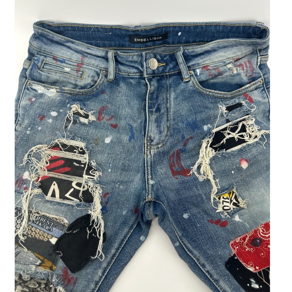 Embellish NYC Distressed Patchwork Paint Splatter Jeans Mens 32 Blue Streetwear